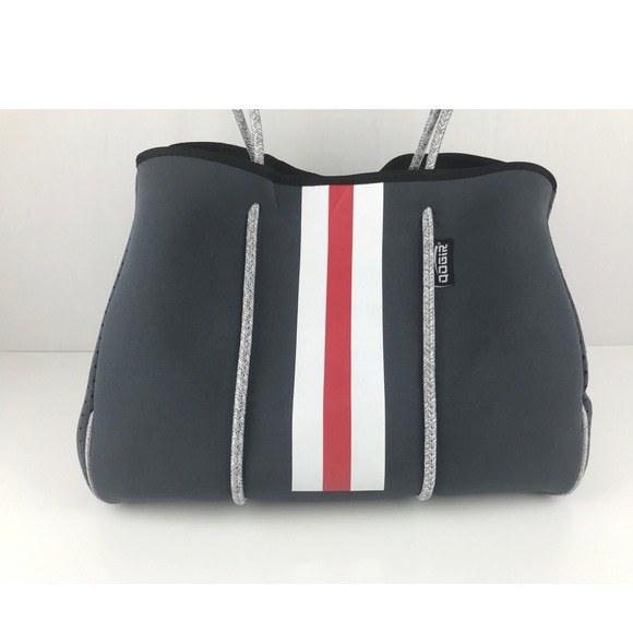 QOGIR Gray Neoprene Tote Bag Red White Stripe‎ Beach Travel Zipper Pouch - Picture 2 of 16